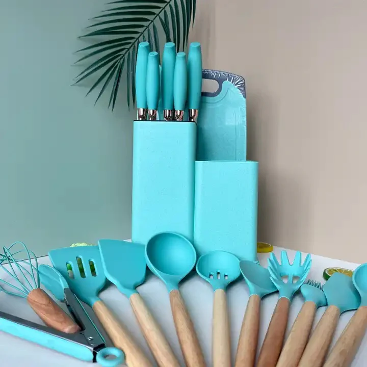 19 PCs Silicon Cooking & Knife Set With Board-Light Green - Image 2
