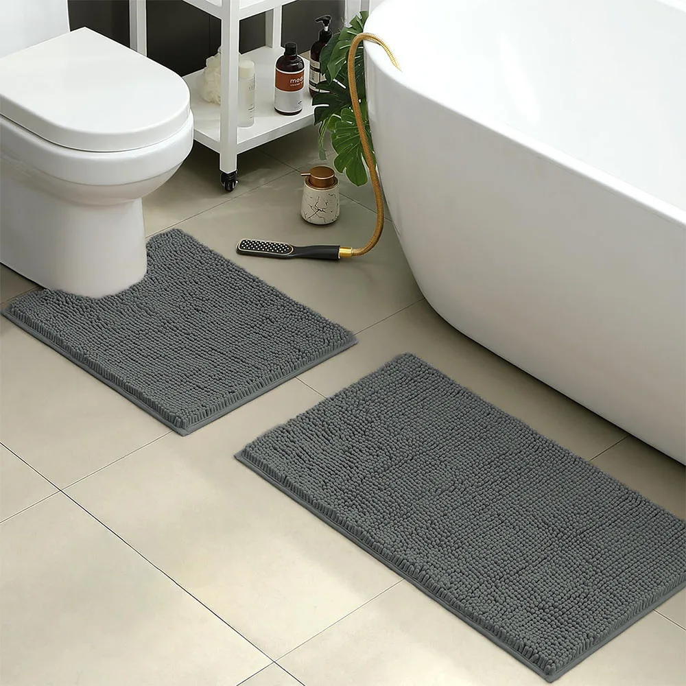 2 PCs Microfiber Anti Slip Commode Mat Set- Dark Grey