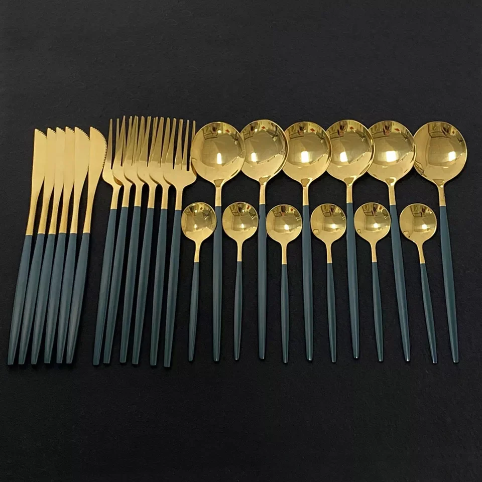 24 PCs Premium Steel Cutlery Set-(4406) Green Over Golden - Image 3