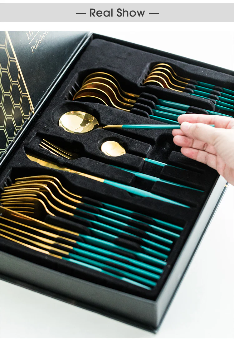 24 PCs Premium Steel Cutlery Set-(4406) Green Over Golden - Image 4