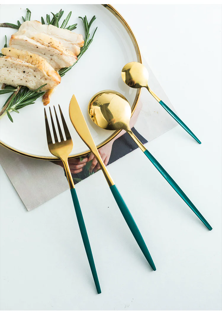 24 PCs Premium Steel Cutlery Set-(4406) Green Over Golden - Image 5