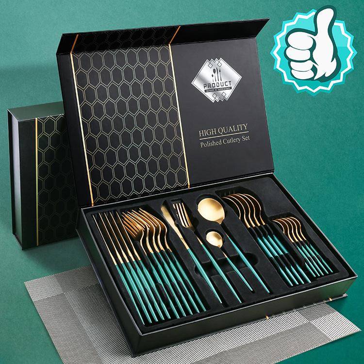 24 PCs Premium Steel Cutlery Set-(4406) Green Over Golden - Image 7