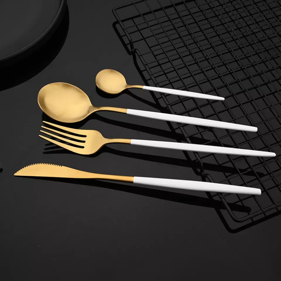 24 PCs Premium Steel Cutlery Set- (4406) White Over Golden - Image 3