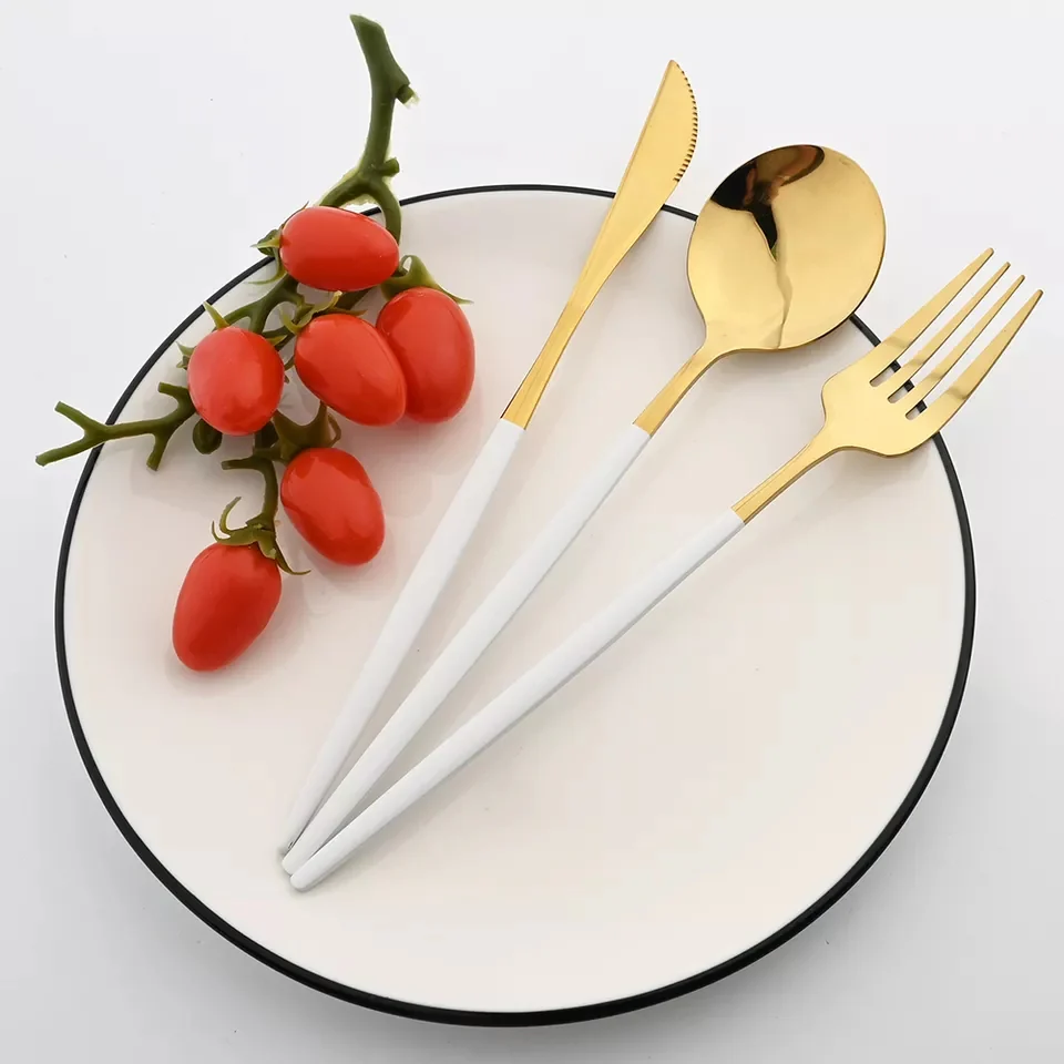 24 PCs Premium Steel Cutlery Set- (4406) White Over Golden - Image 4