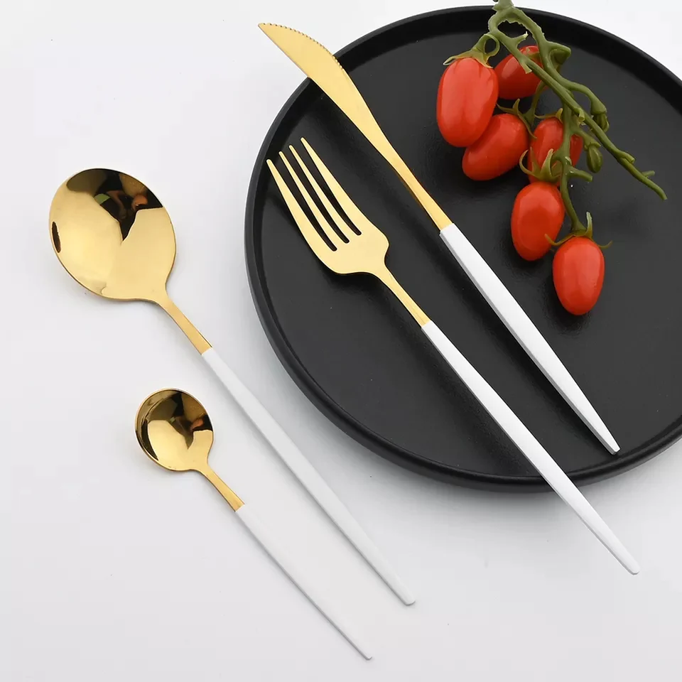 24 PCs Premium Steel Cutlery Set- (4406) White Over Golden - Image 8