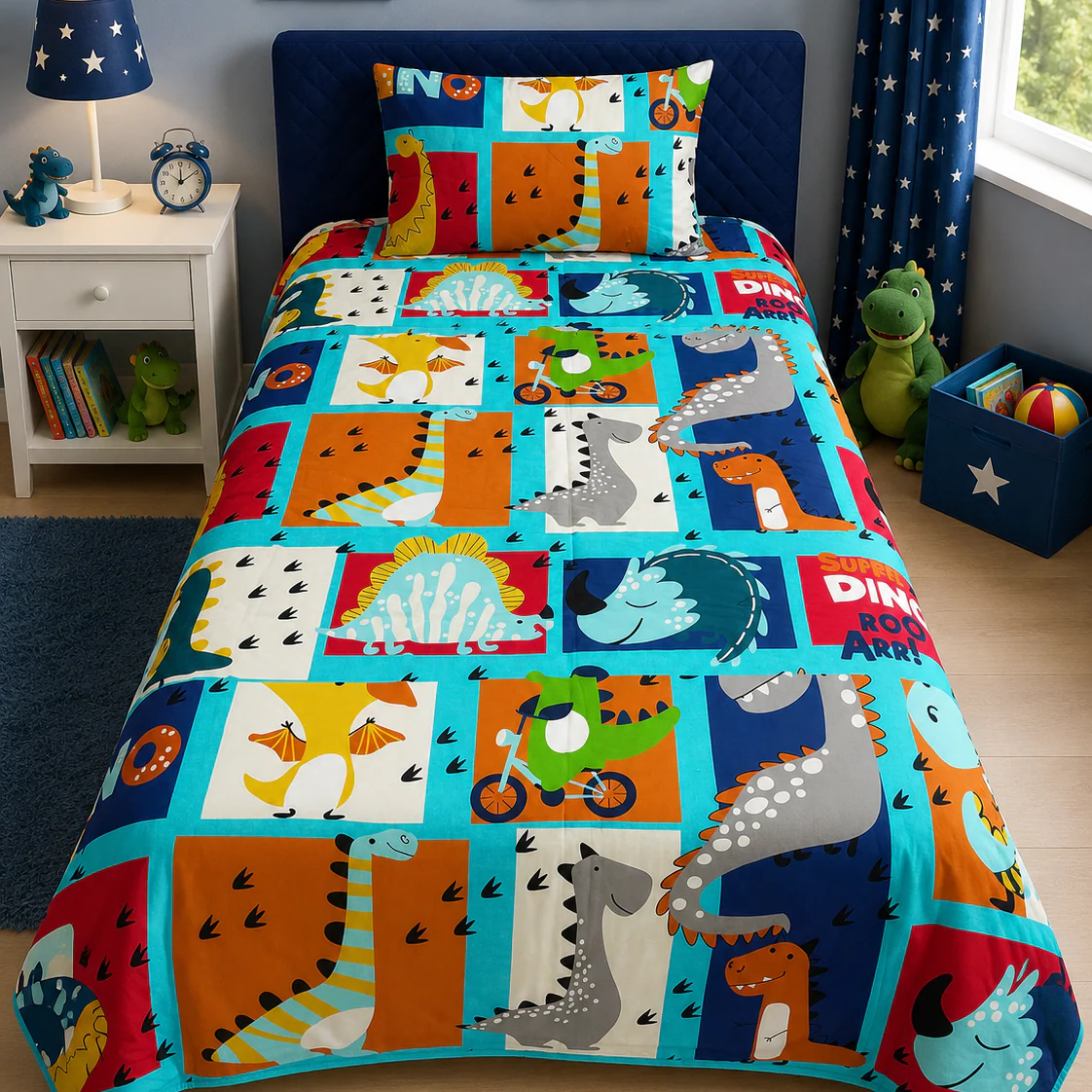 2Pcs Digital Printed Single Bed Sheet- Dino