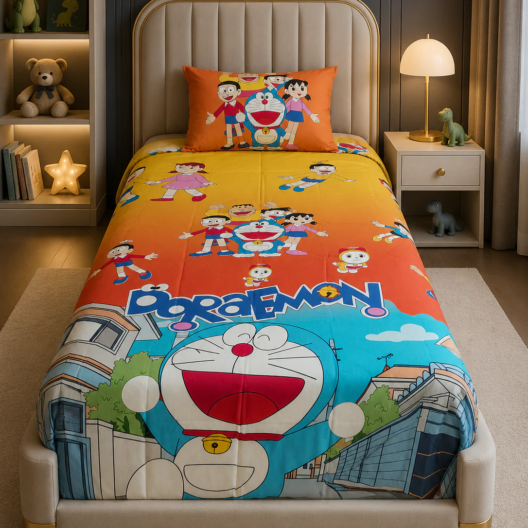 2Pcs Digital Printed Single Bed Sheet-  Doraemon