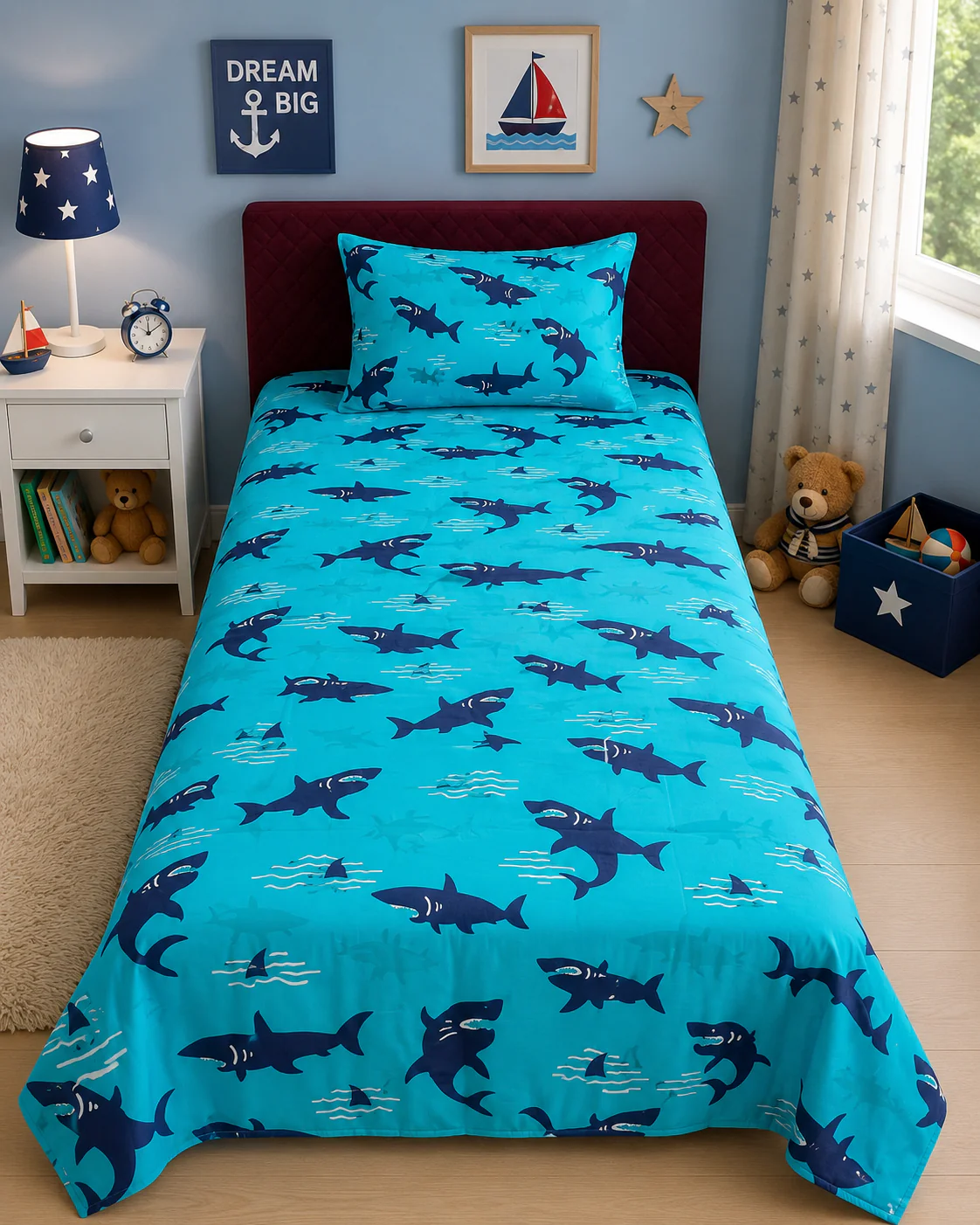 2Pcs Digital Printed Single Bed Sheet- Shark