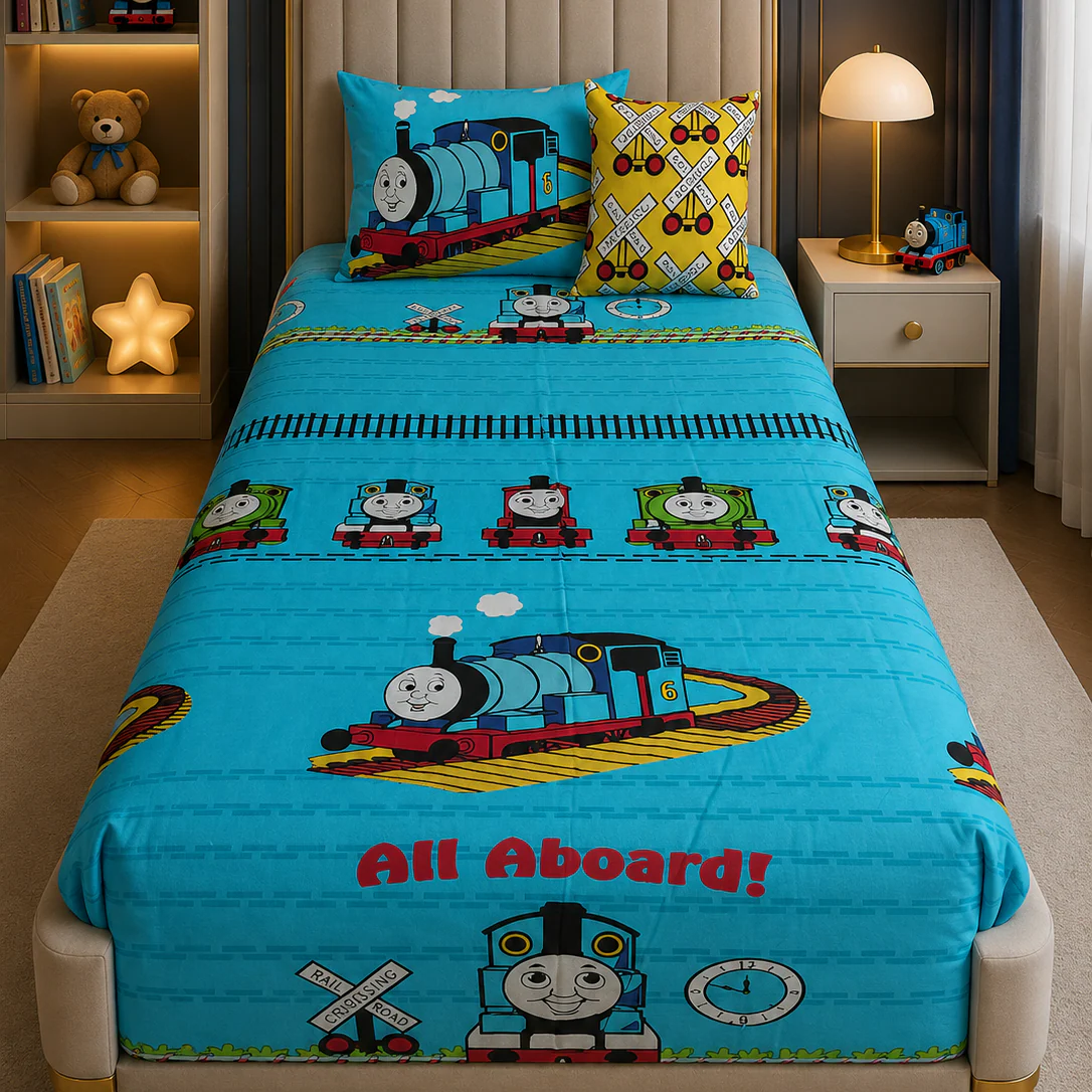 2Pcs Digital Printed Single Bed Sheet- Train
