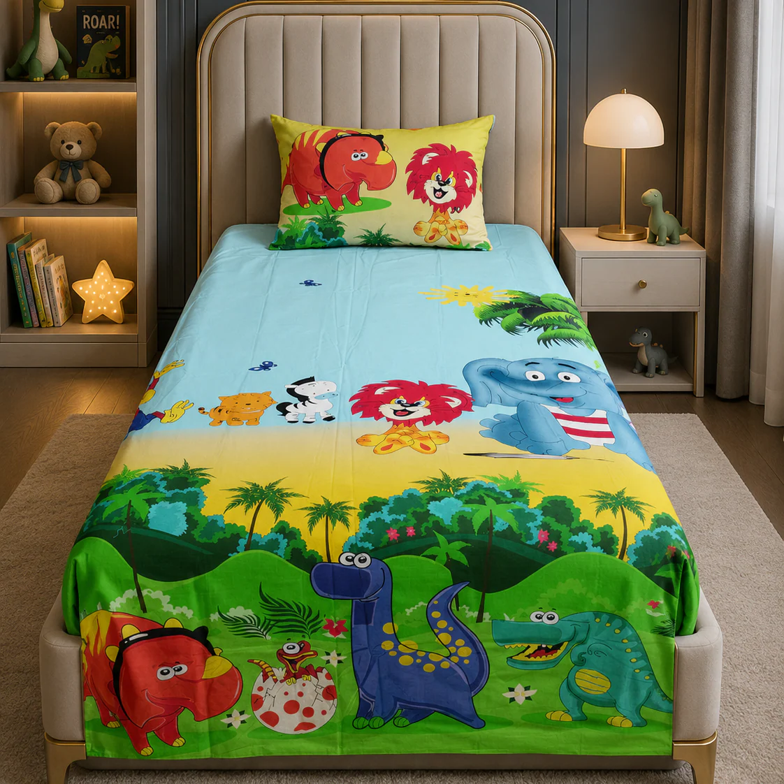 2Pcs Digital Printed Single Bed Sheet- Zoo