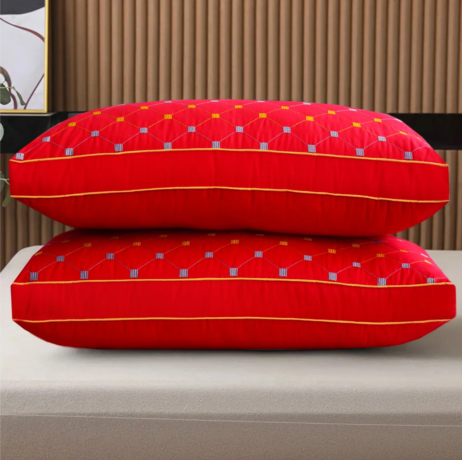 2PCs Embroidered Bed Pillows- RED