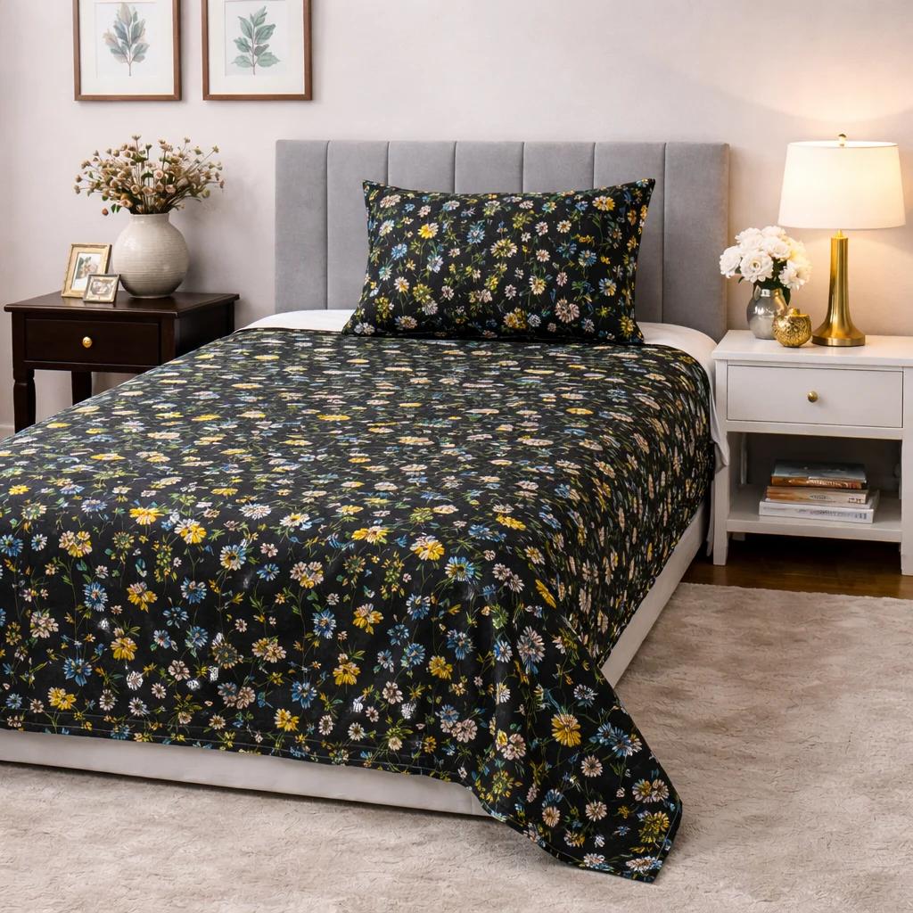2Pcs Single Bed Sheet-Black Meadows - Image 2