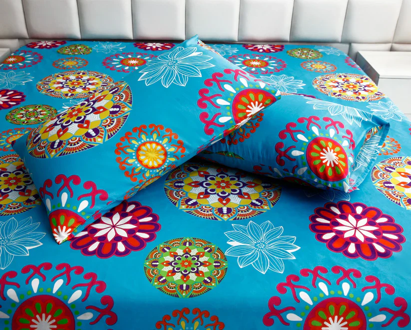 2Pcs Single Bed Sheet- Turqoiuse Flower - Image 2