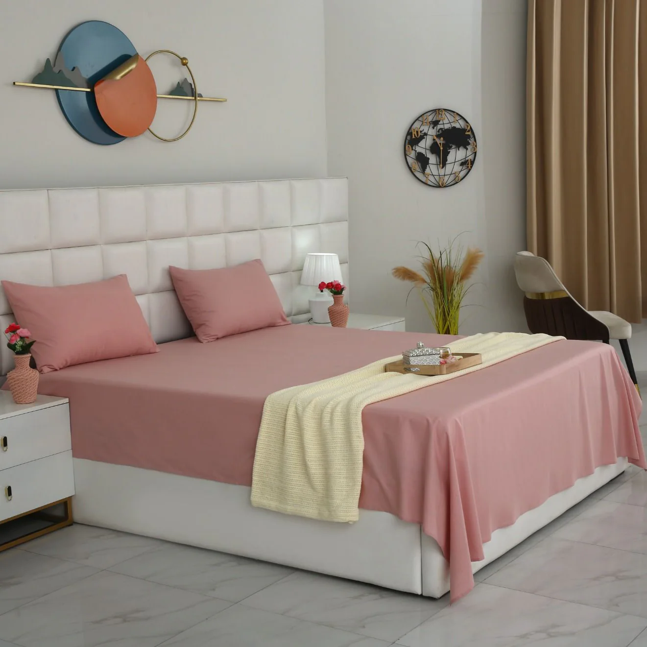3 PCs Double Bed Sheet- Rose