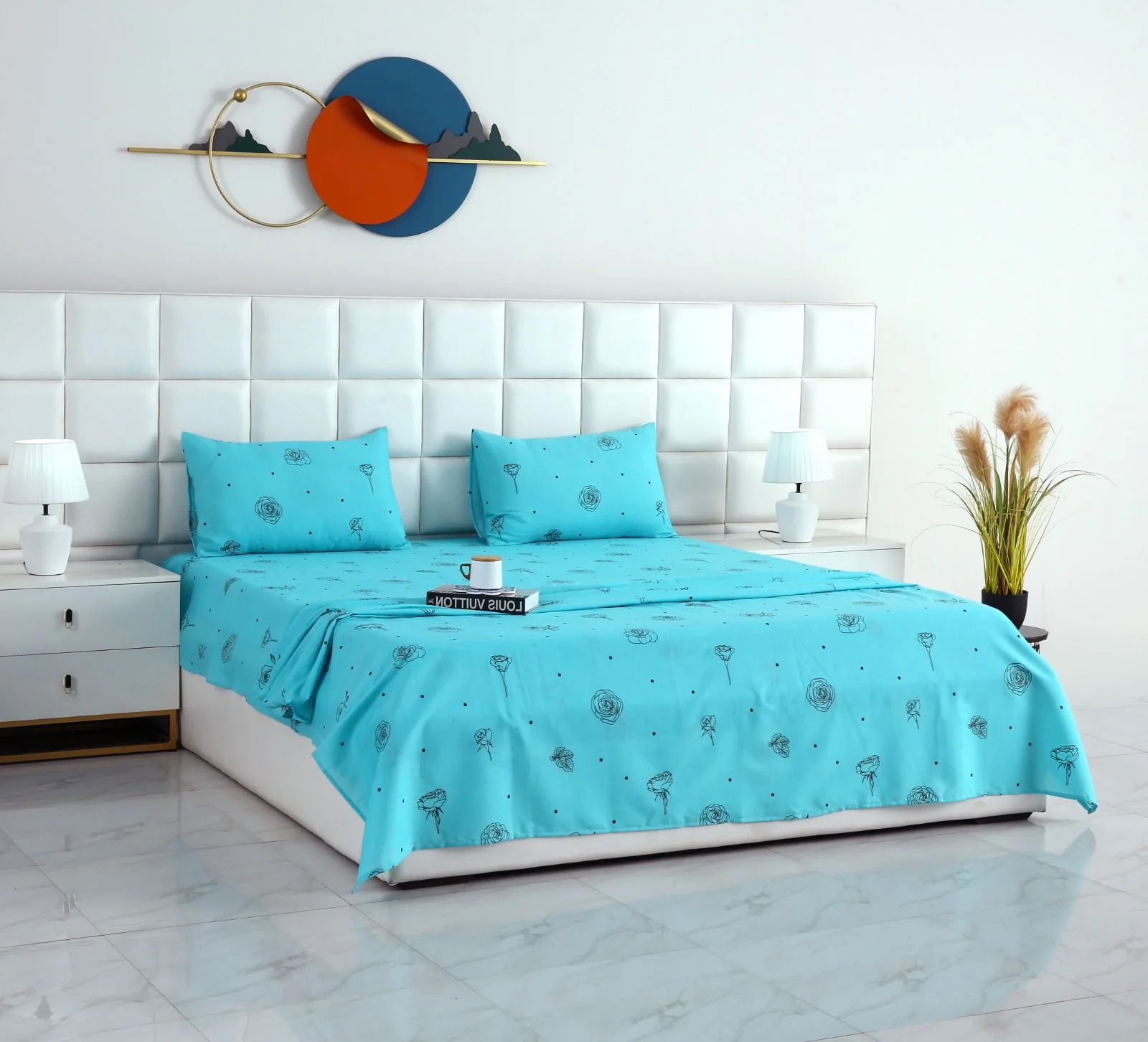3 PCs Double Bed Sheet-Aqua Abstract Flower