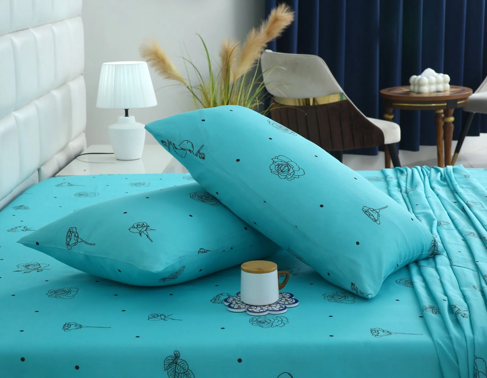 3 PCs Double Bed Sheet-Aqua Abstract Flower - Image 6