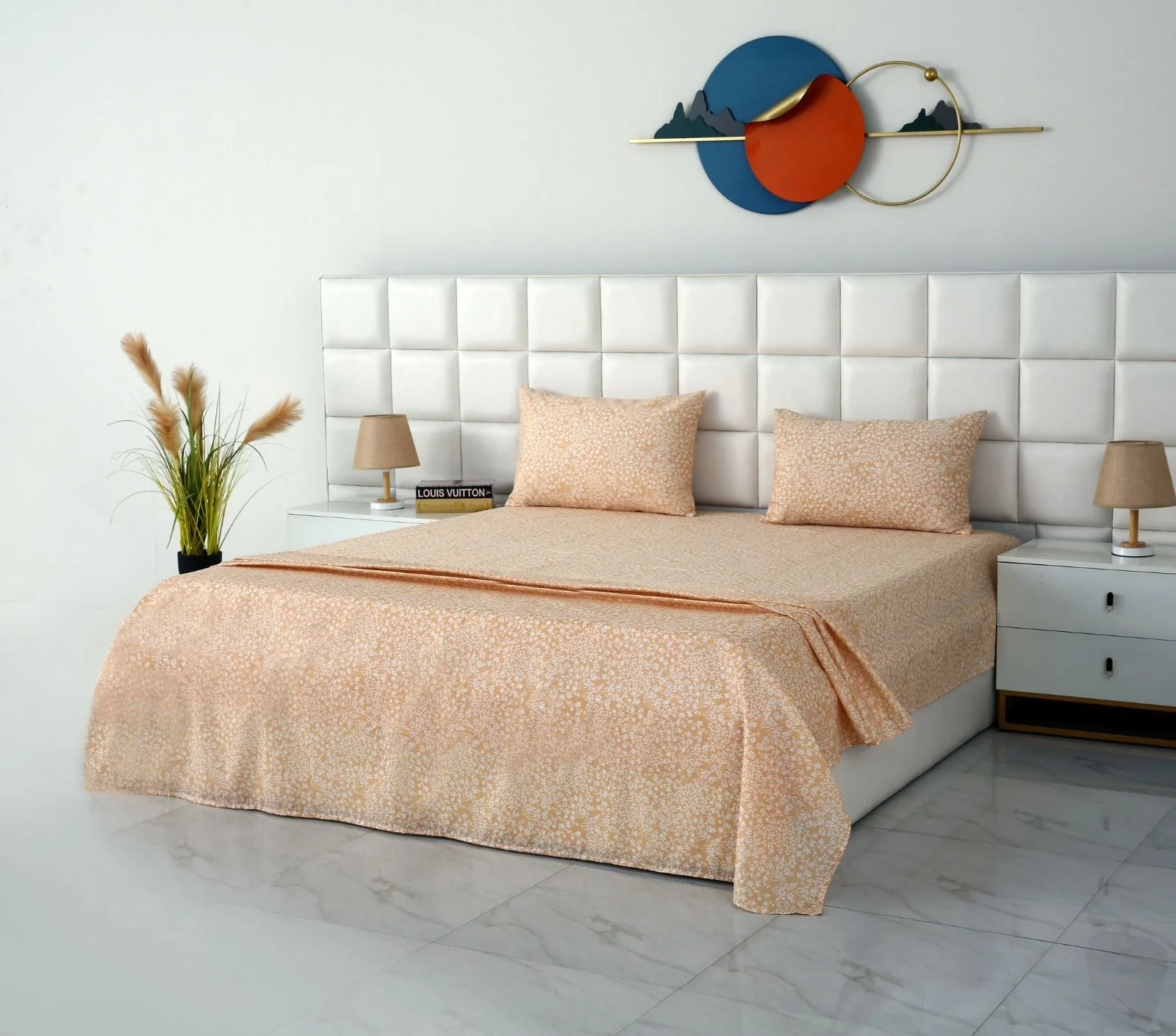 3 PCs Double Bed Sheet-Beige Bloom - Image 2