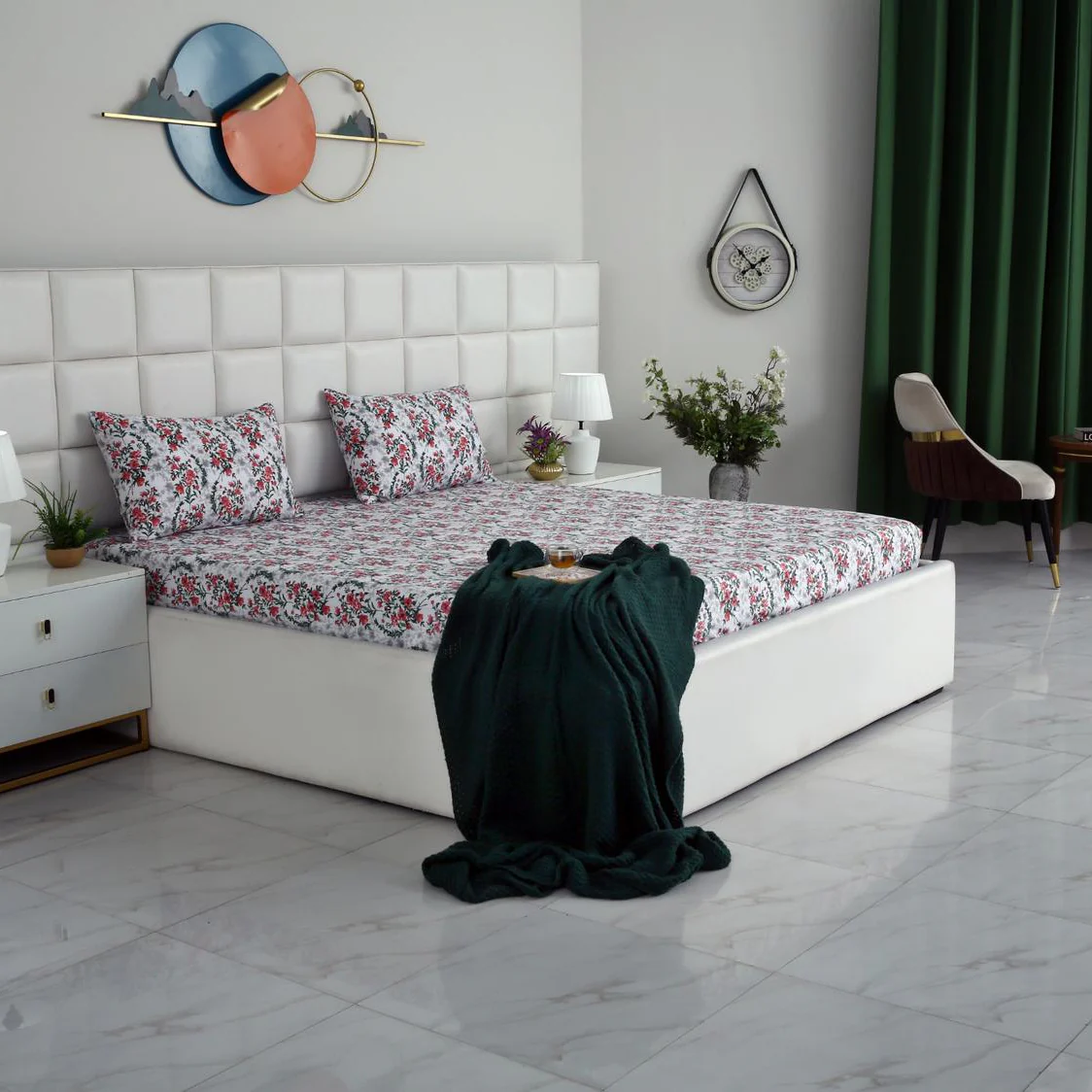 3 PCs Double Bed Sheet-Emerald Blooms