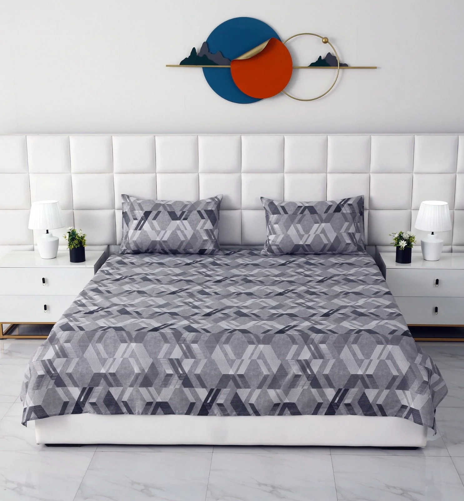 3 PCs Double Bed Sheet-Grey Triangles - Image 3