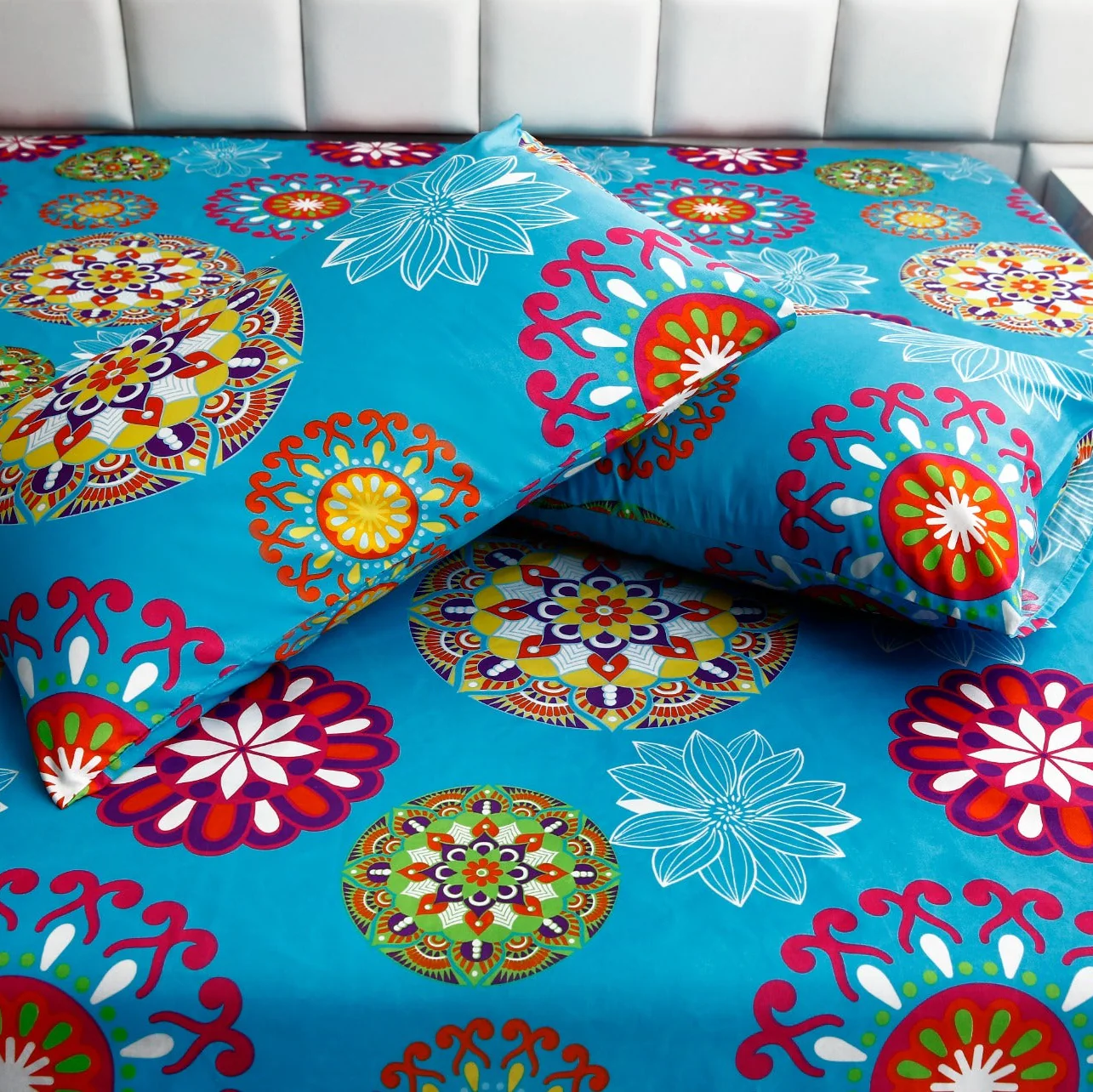 3 PCs Double Bed Sheet-Turquoise Flower - Image 3