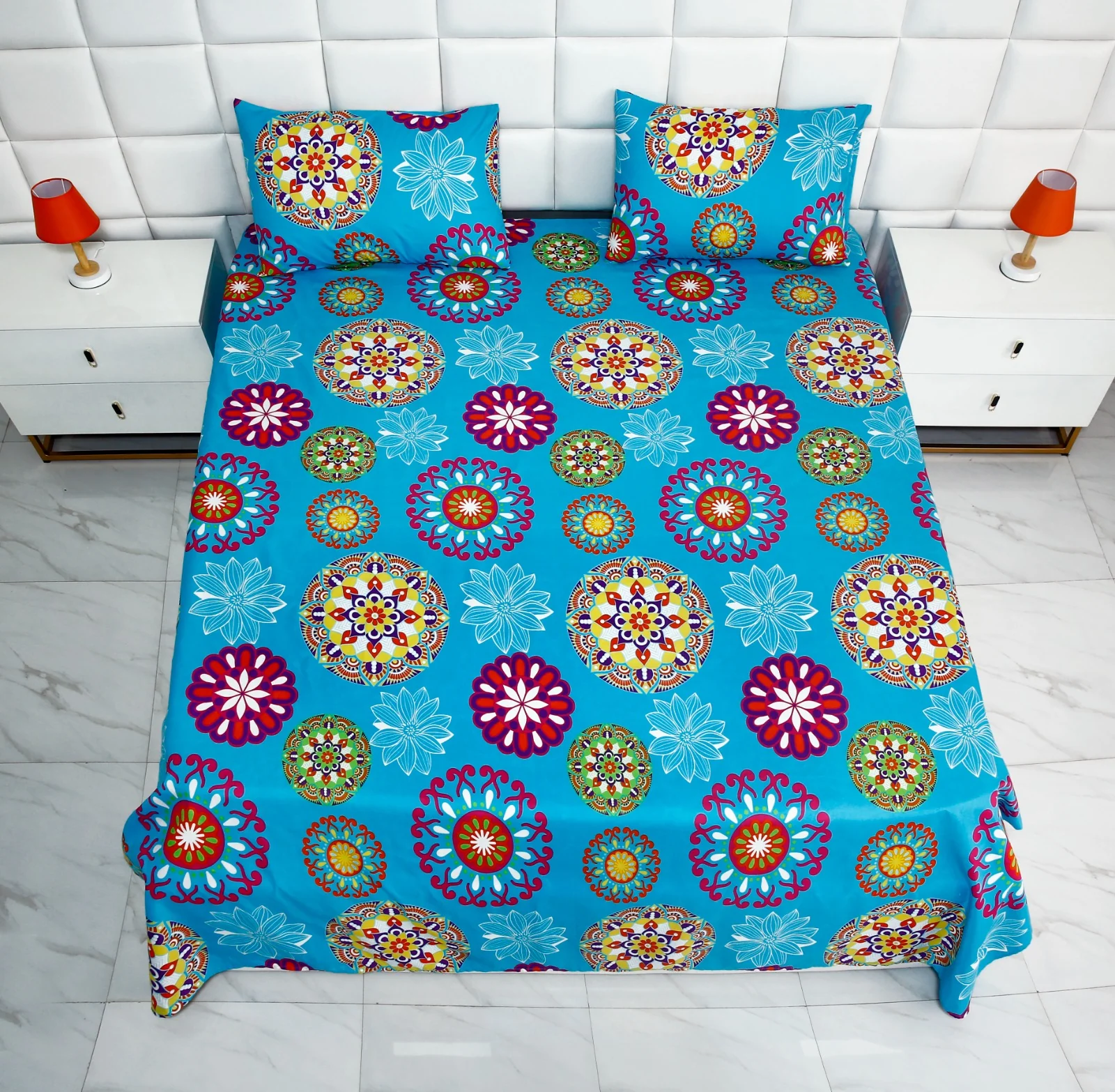 3 PCs Double Bed Sheet-Turquoise Flower - Image 4