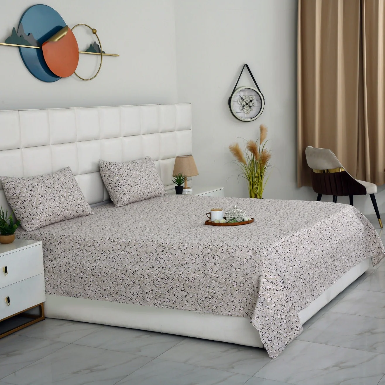 3 PCs Double Bed Sheet With Same Packing- Green Tiny