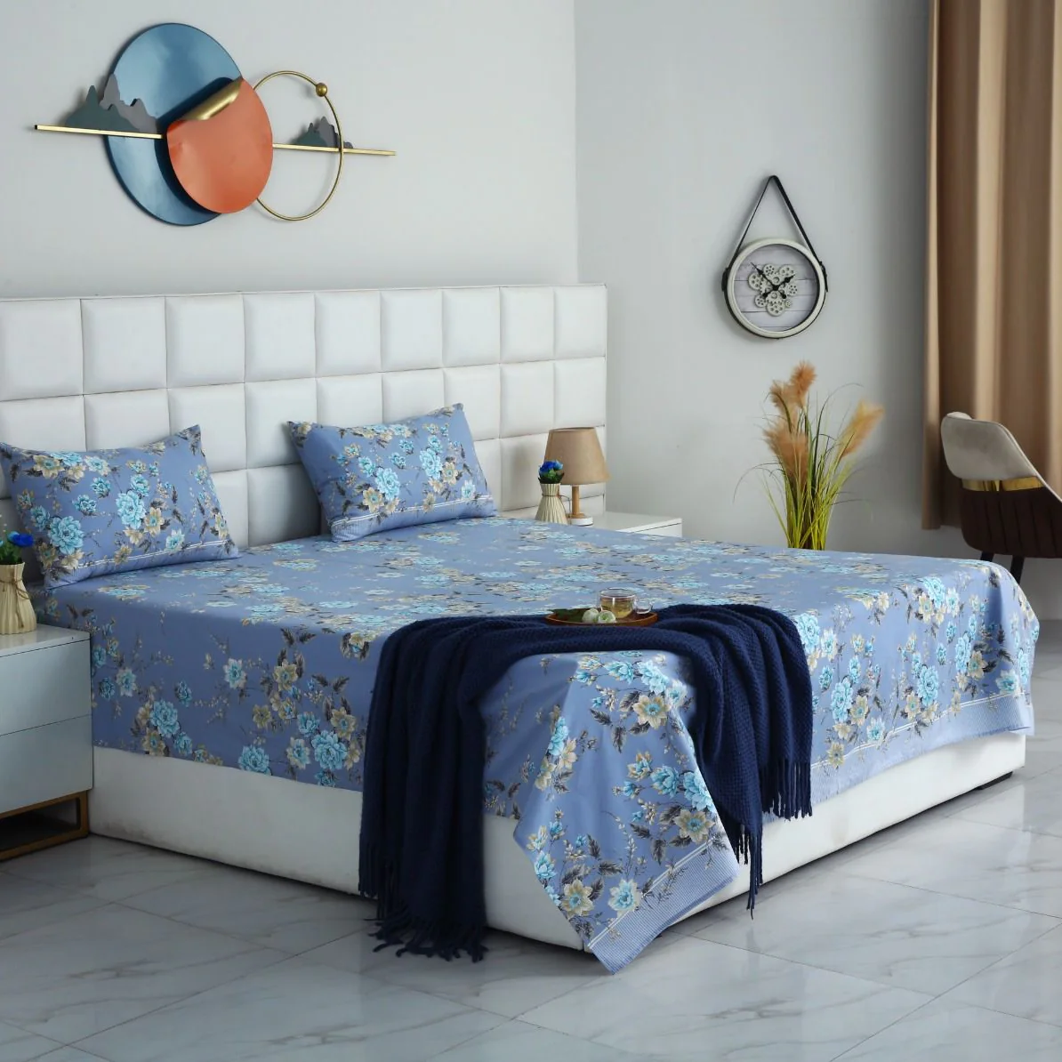 3 PCs Double Bed Sheet With Same Packing- Ocean Flowers