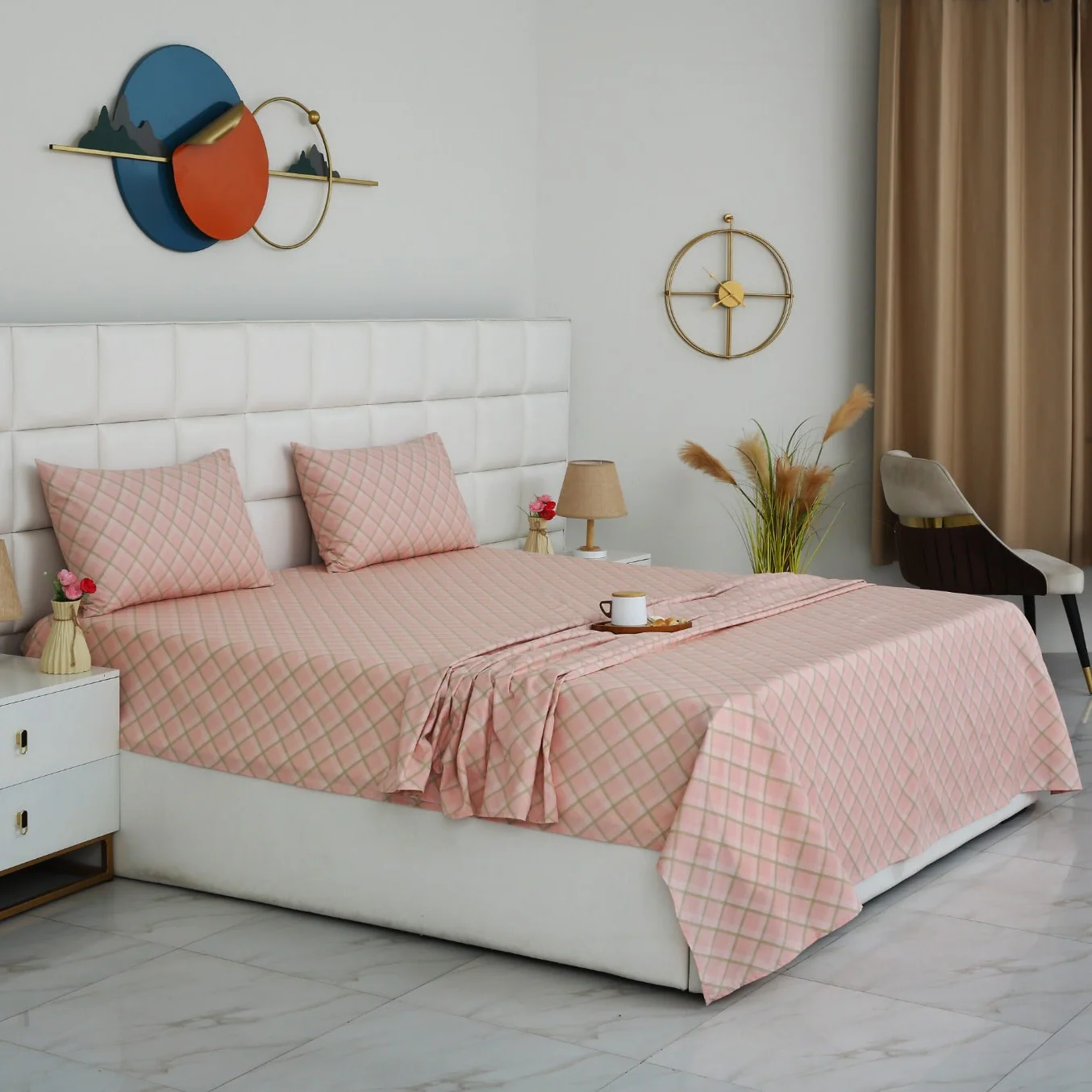 3 PCs Double Bed Sheet With Same Packing- Peach Check