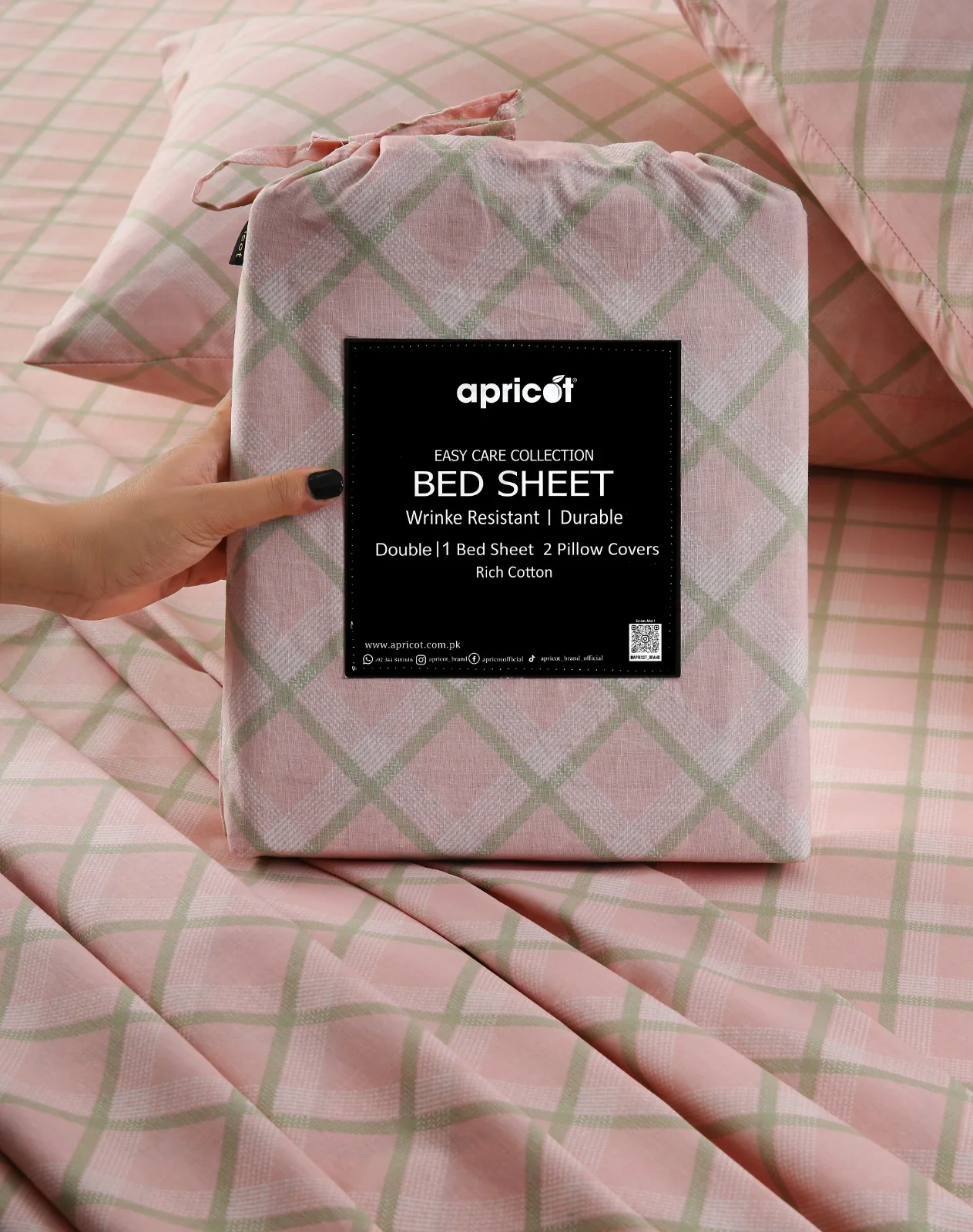 3 PCs Double Bed Sheet With Same Packing- Peach Check - Image 2