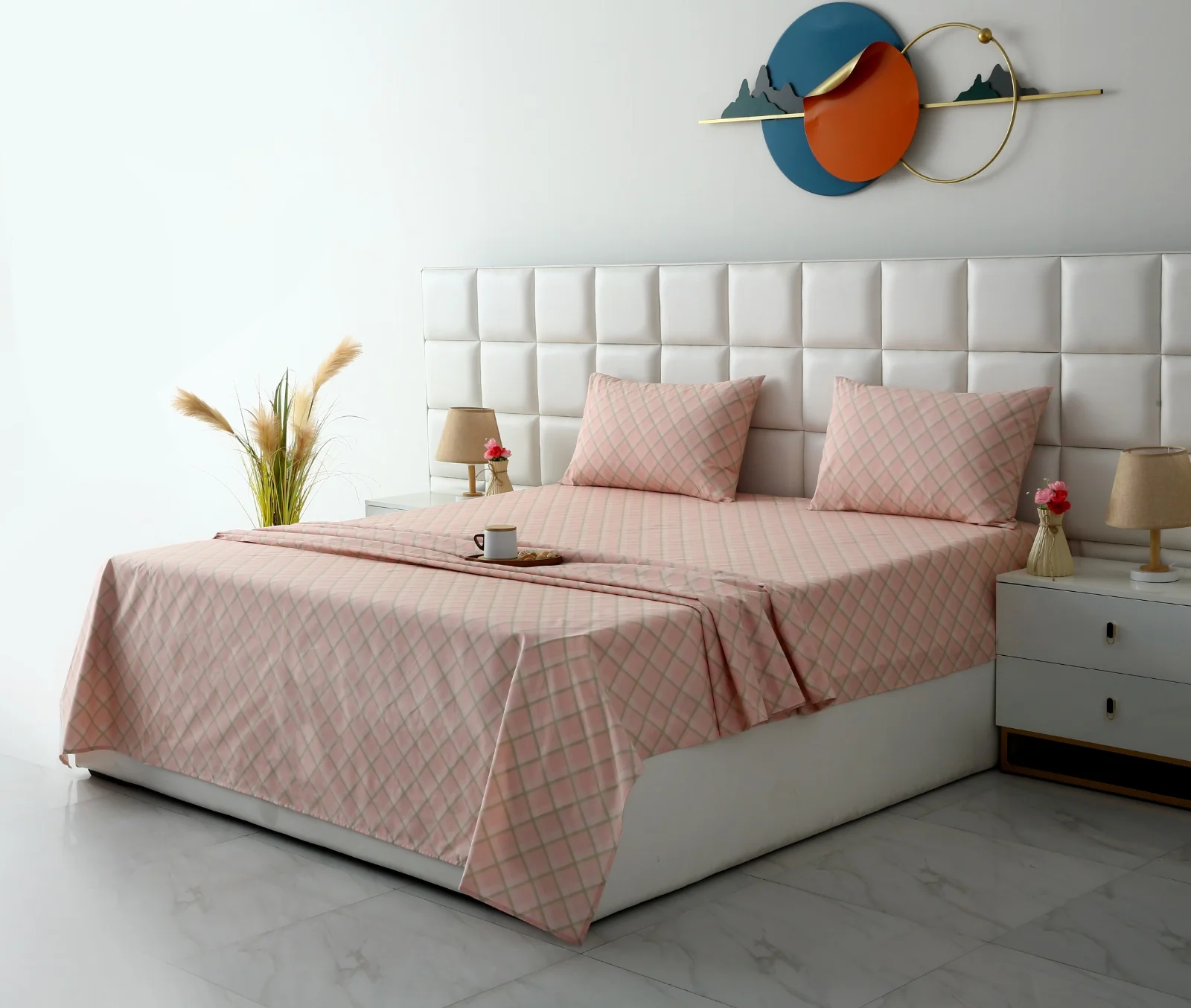 3 PCs Double Bed Sheet With Same Packing- Peach Check - Image 3