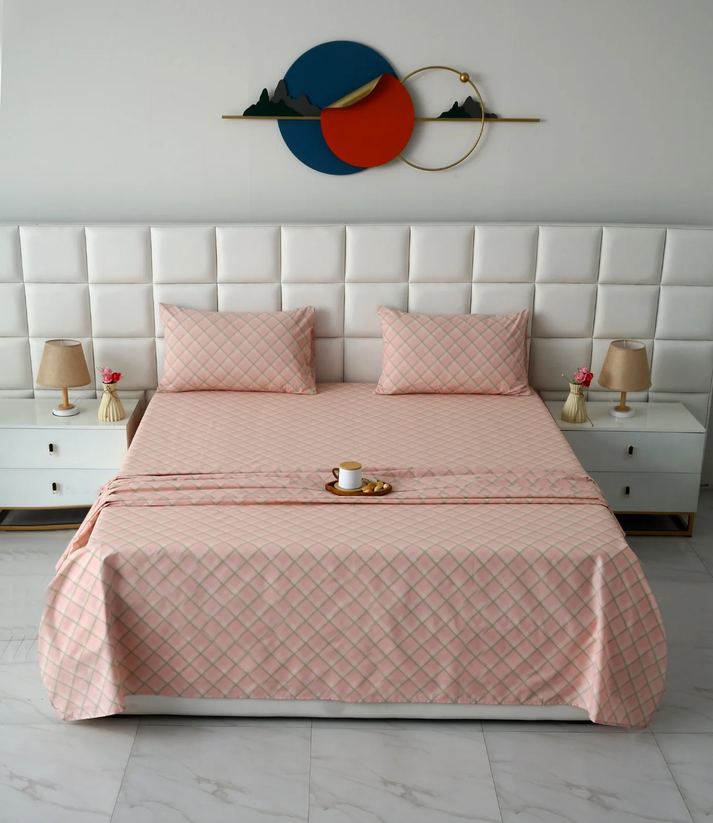 3 PCs Double Bed Sheet With Same Packing- Peach Check - Image 4