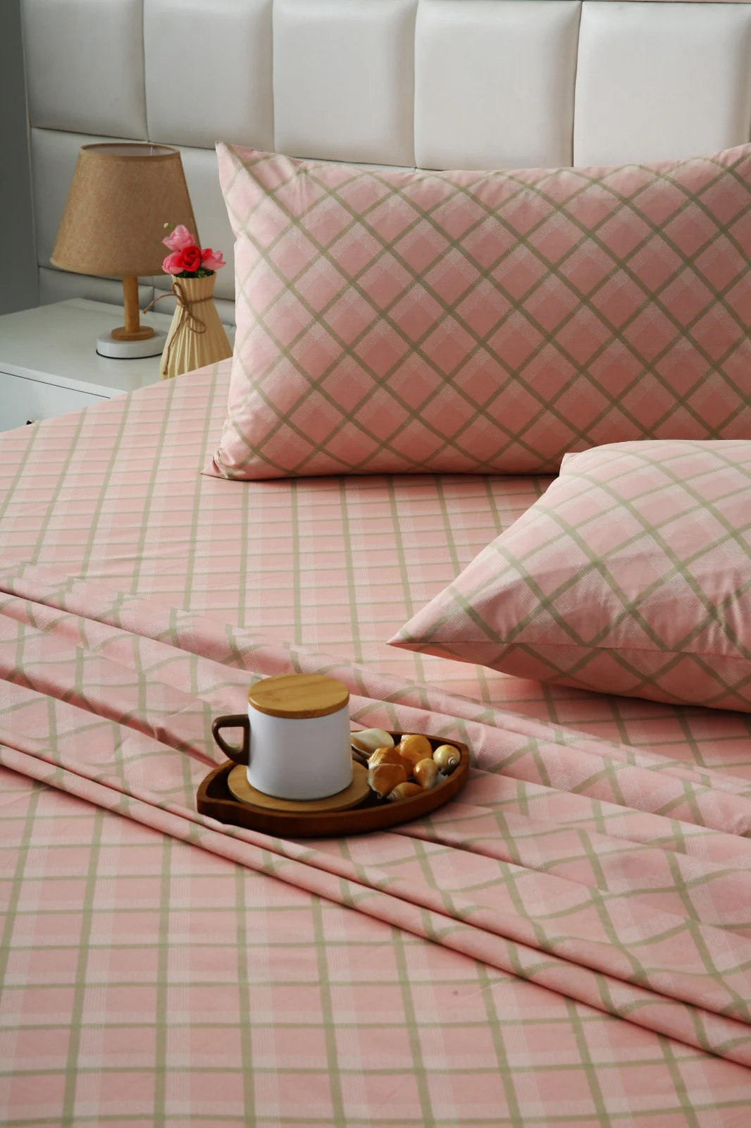 3 PCs Double Bed Sheet With Same Packing- Peach Check - Image 6