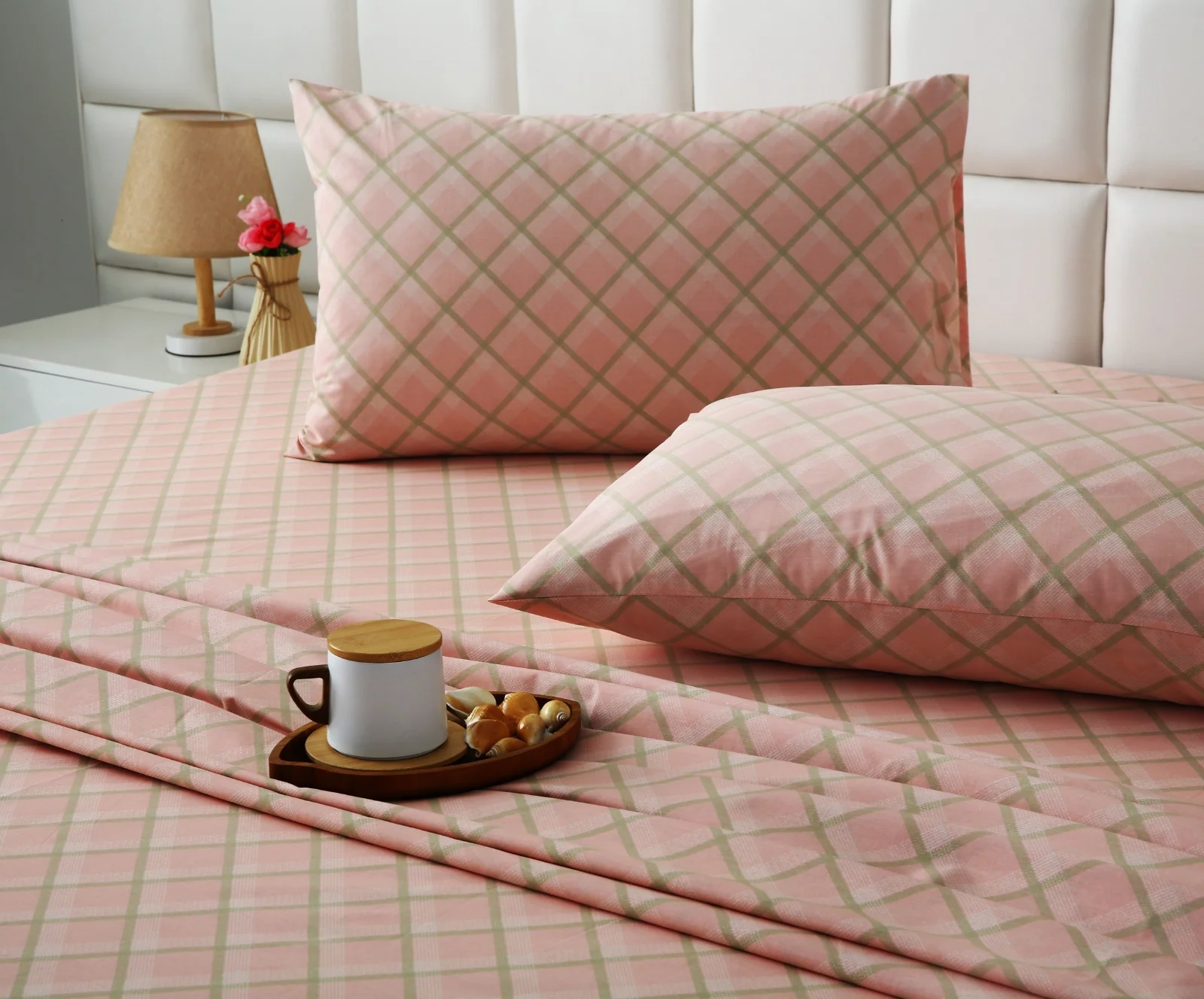 3 PCs Double Bed Sheet With Same Packing- Peach Check - Image 7