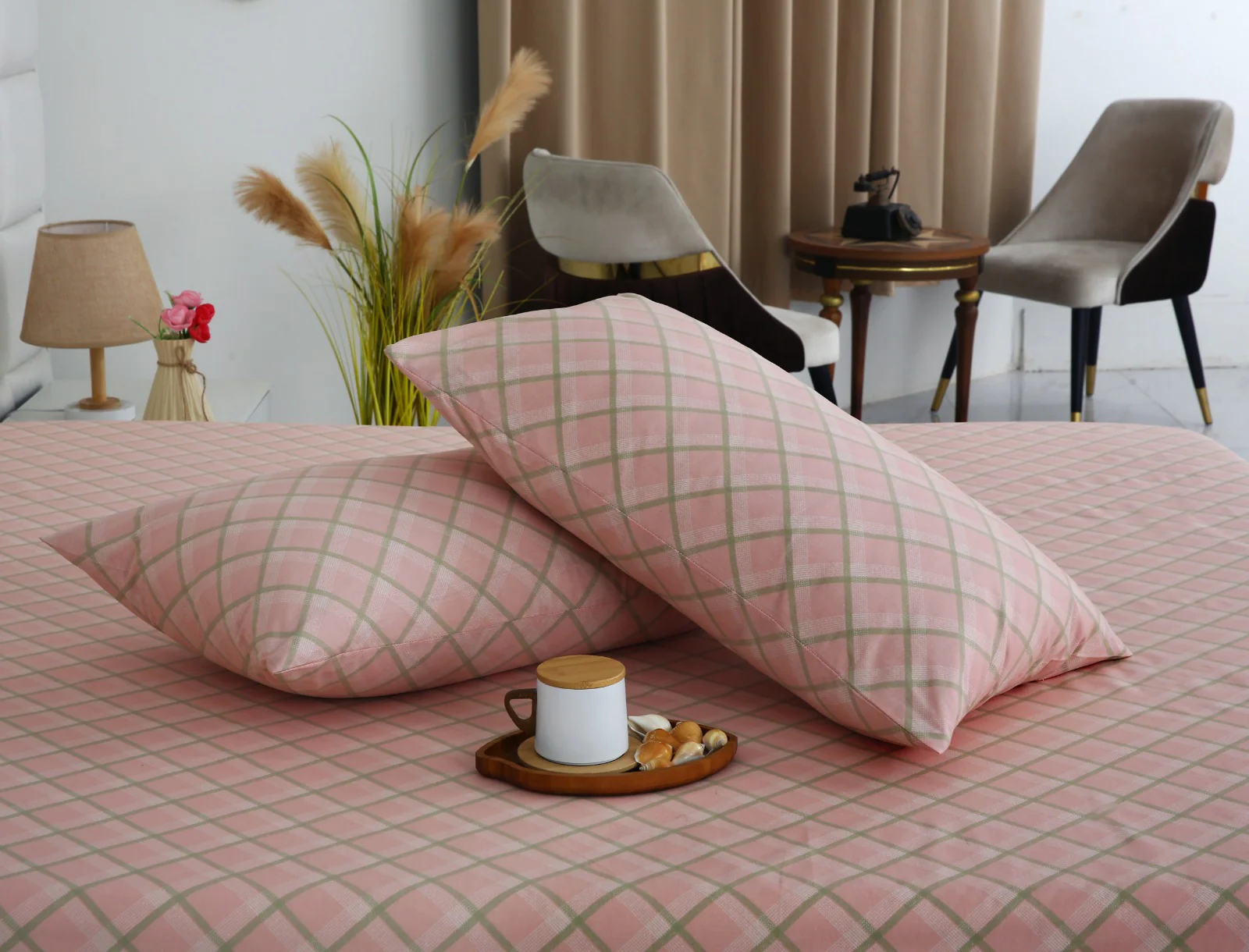 3 PCs Double Bed Sheet With Same Packing- Peach Check - Image 8