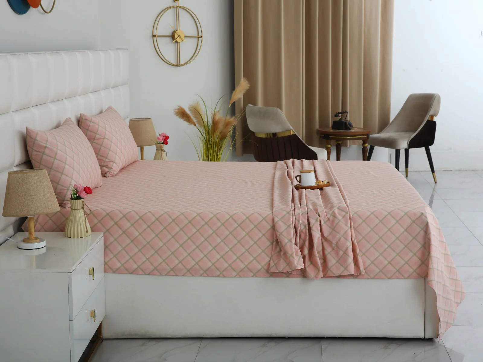 3 PCs Double Bed Sheet With Same Packing- Peach Check - Image 9