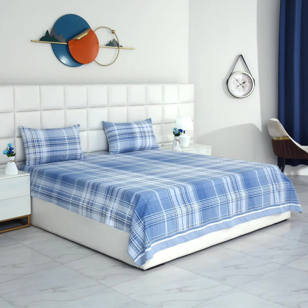 3 PCs Double Bed Sheet With Same Packing- Sky Blue Check