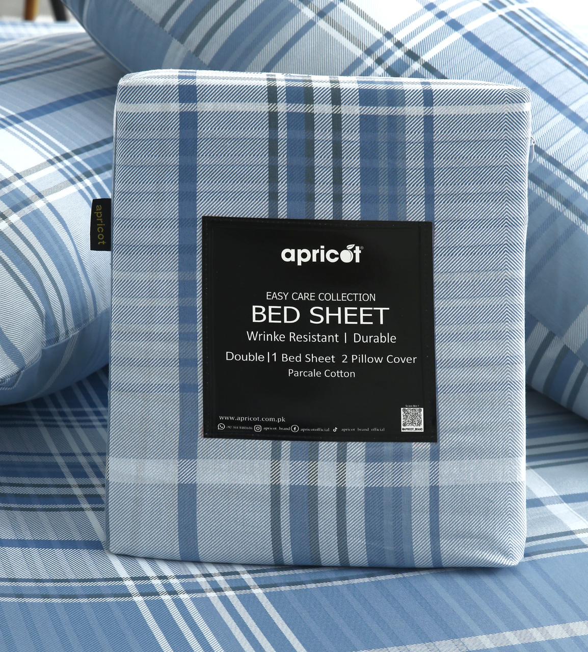 3 PCs Double Bed Sheet With Same Packing- Sky Blue Check - Image 2