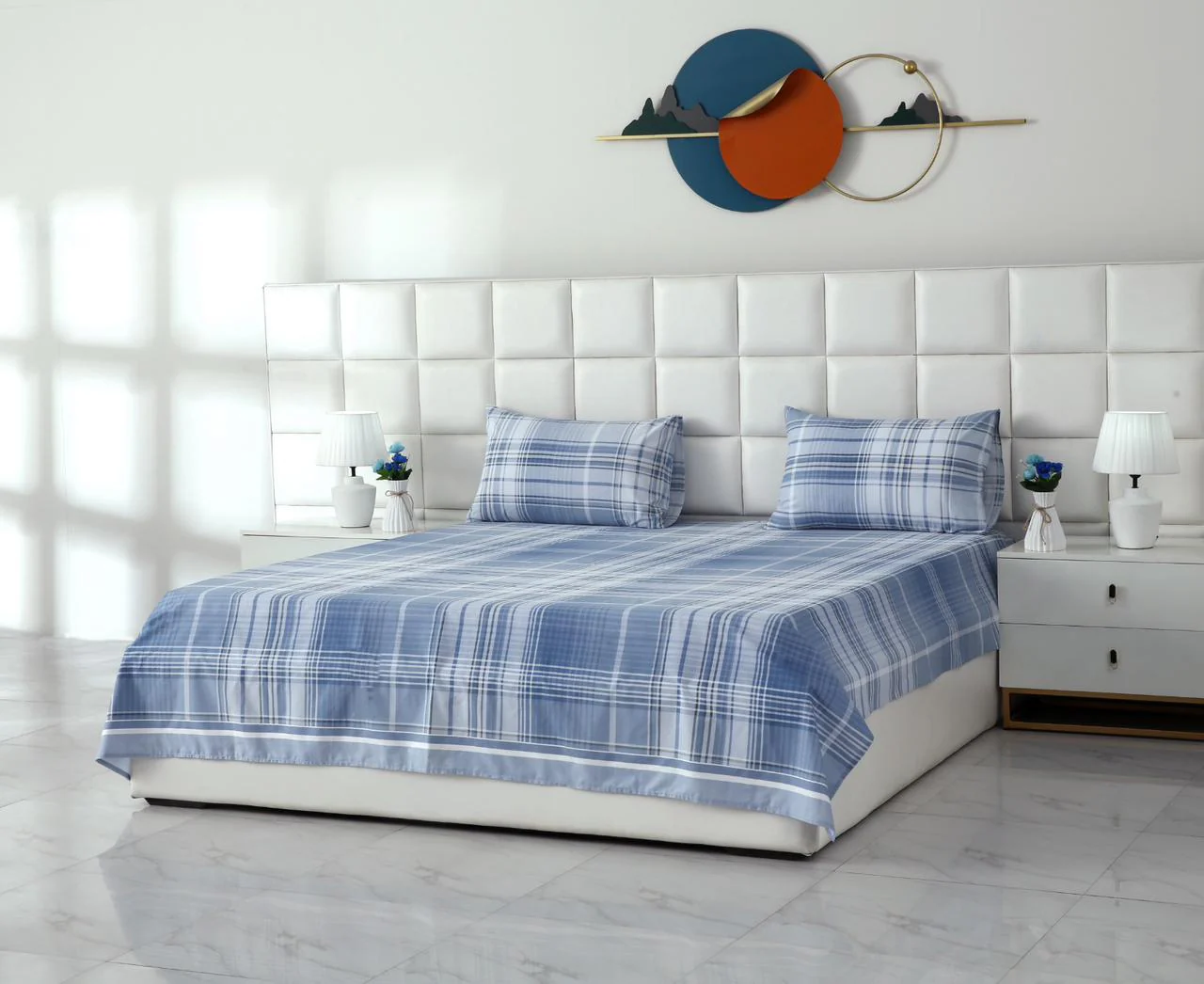 3 PCs Double Bed Sheet With Same Packing- Sky Blue Check - Image 3