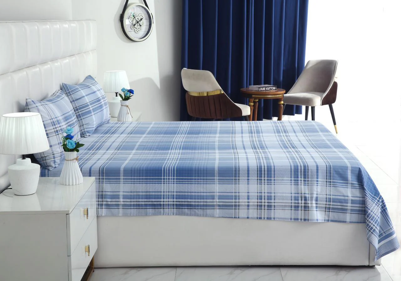 3 PCs Double Bed Sheet With Same Packing- Sky Blue Check - Image 4