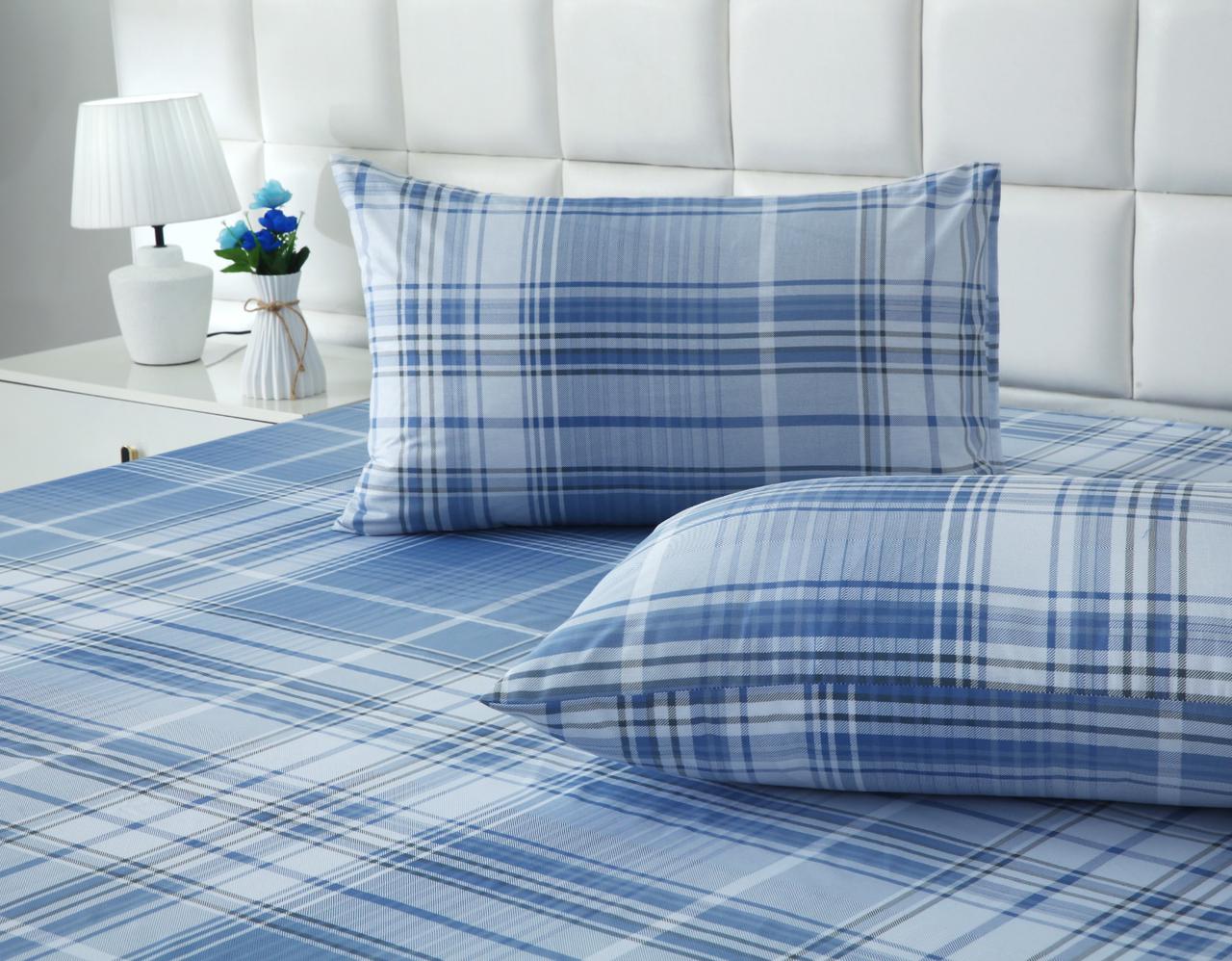 3 PCs Double Bed Sheet With Same Packing- Sky Blue Check - Image 6