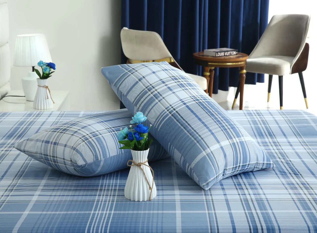3 PCs Double Bed Sheet With Same Packing- Sky Blue Check - Image 8