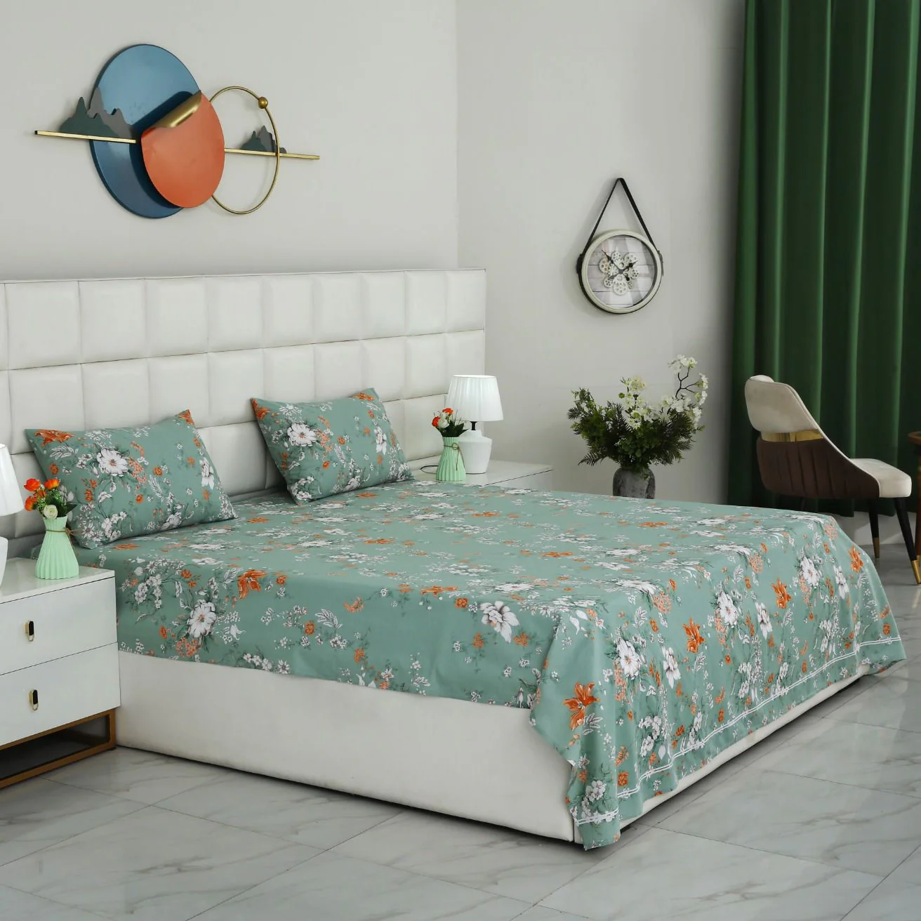 3 PCs Double Bed Sheet With Same Packing- White Dahlia