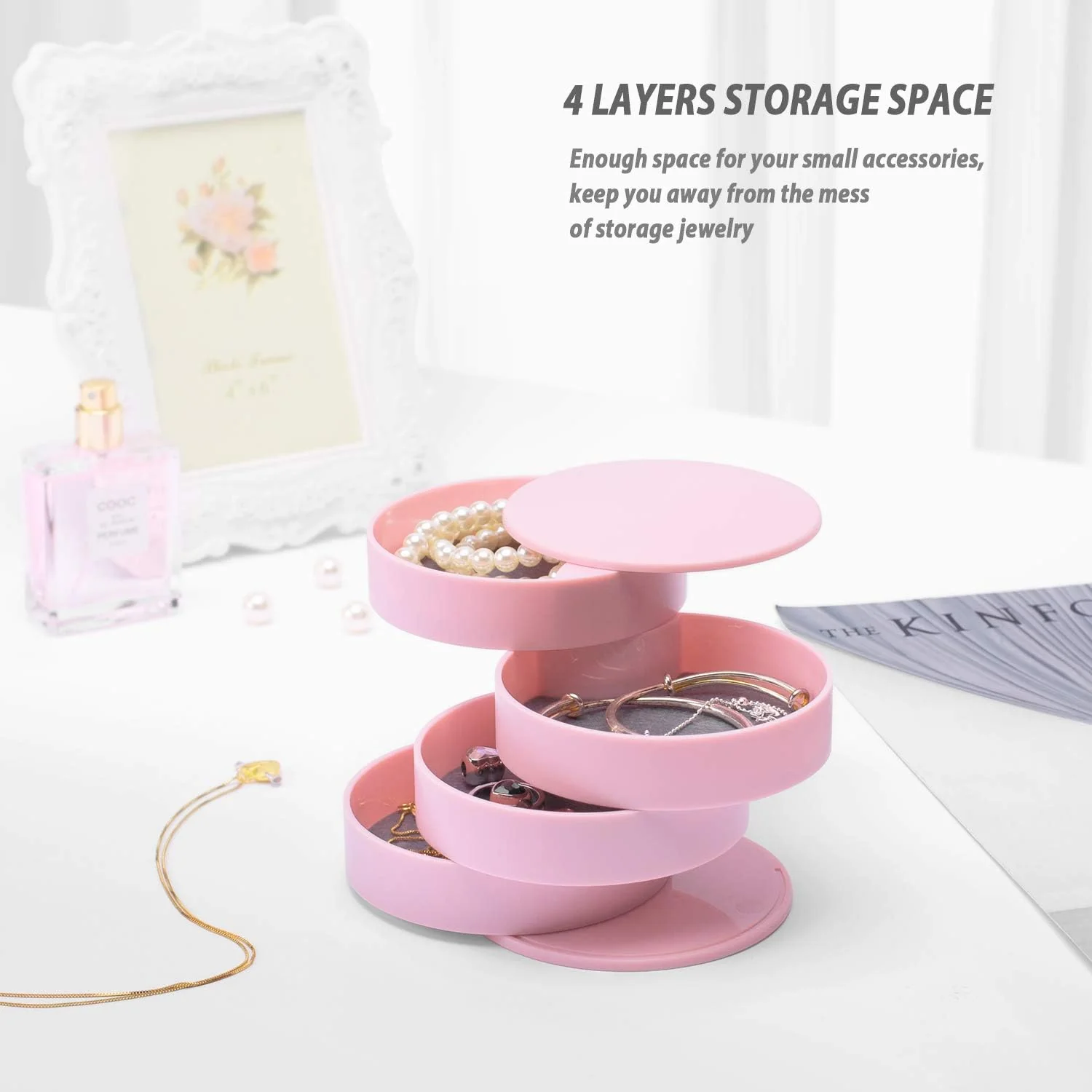 360° Rotatable Jewelry Organizer With Mirror-SA2408-191(Pink) - Image 3
