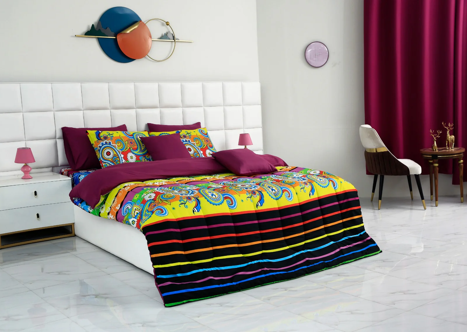 5 PCs Single Comforter Set-Multi Flower (Plum Reverse) - Image 10