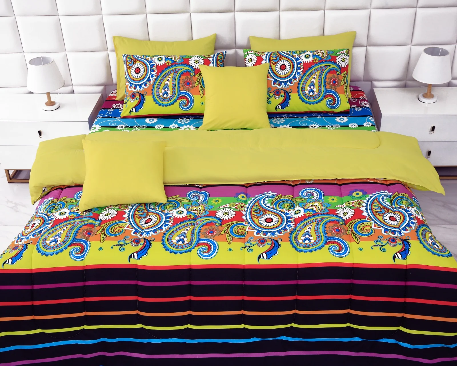 5 PCs Single Comforter Set-Multi Flower (Yellow Reverse) - Image 13