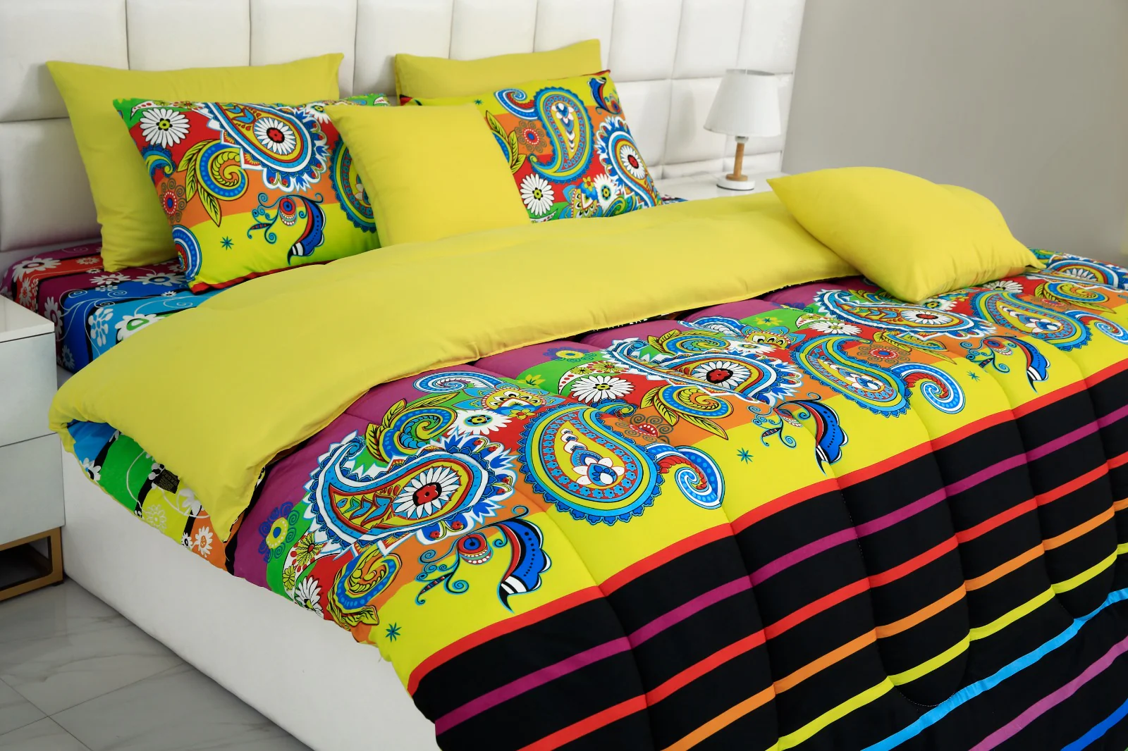 5 PCs Single Comforter Set-Multi Flower (Yellow Reverse) - Image 7