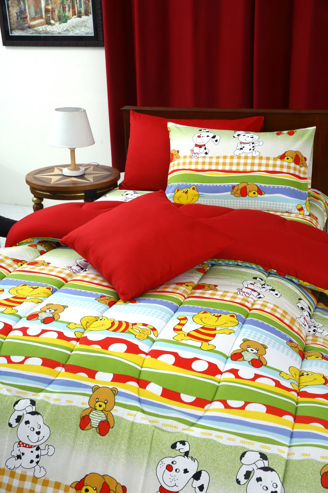5 PCs Single Razai Set-Puppies Party(With Red Reverse) - Image 3