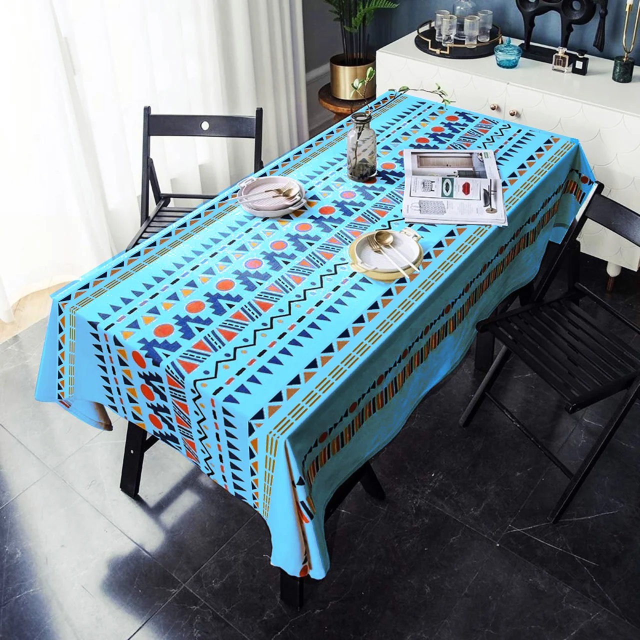 6 & 8 Seater Digital Printed Table Cover-Blue Geometric - Image 2