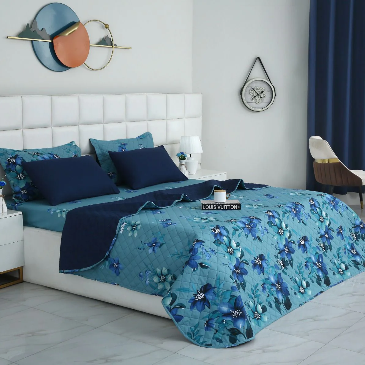 6 PCs Bed Spread Set- Azure Bloom