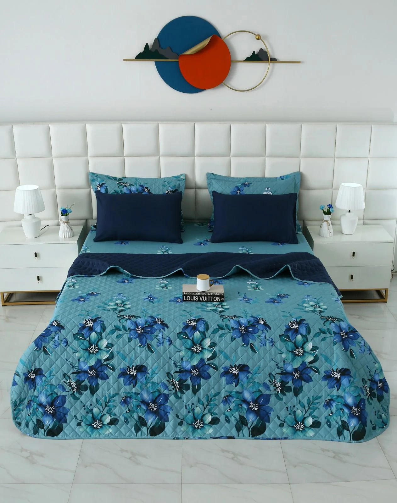 6 PCs Bed Spread Set- Azure Bloom - Image 2